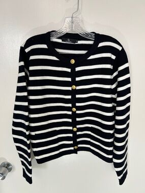 Striped Black and White Cardigan Sweater with Gold Buttons by Illusory, Medium